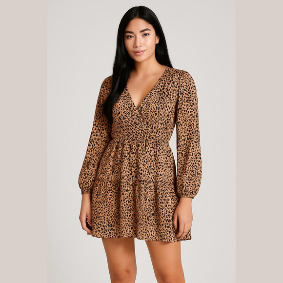 mittoshop Dresses & Skirts - Mittoshop • Women’s Beige and Black Leopard Print V-Neck Balloon Sleeve Dress